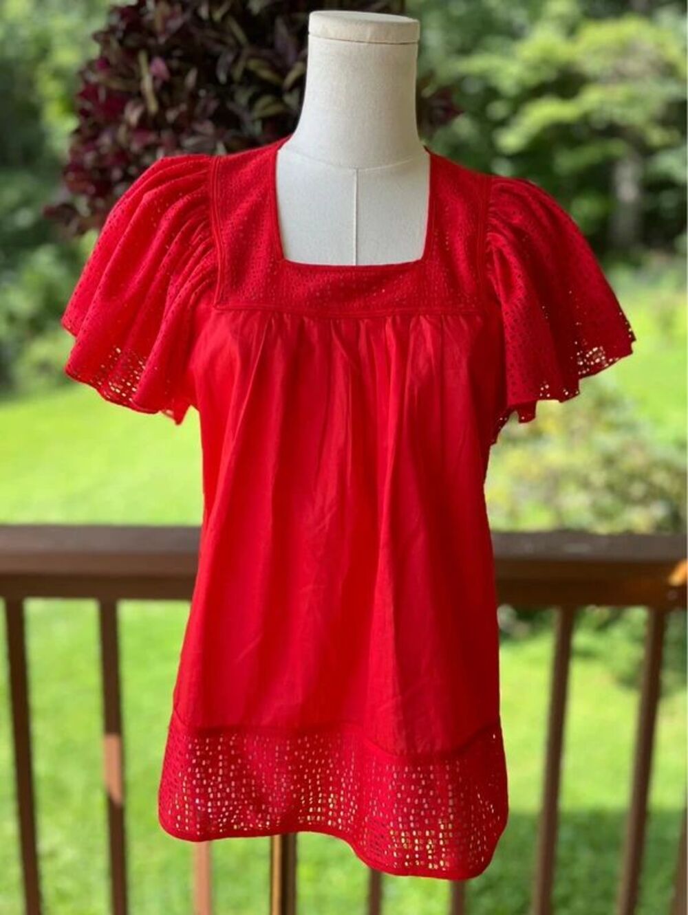 Anthropologie Pepin 100% Cotton Red Eyelet Flutter Sleeve Blouse NWT M
